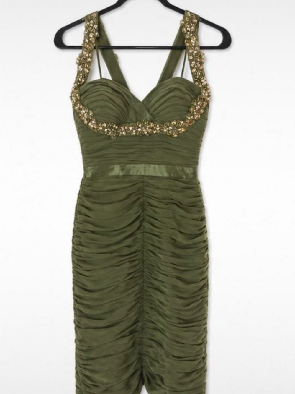 Ruched Olive Green Midi Dress with Gold Beaded Accents